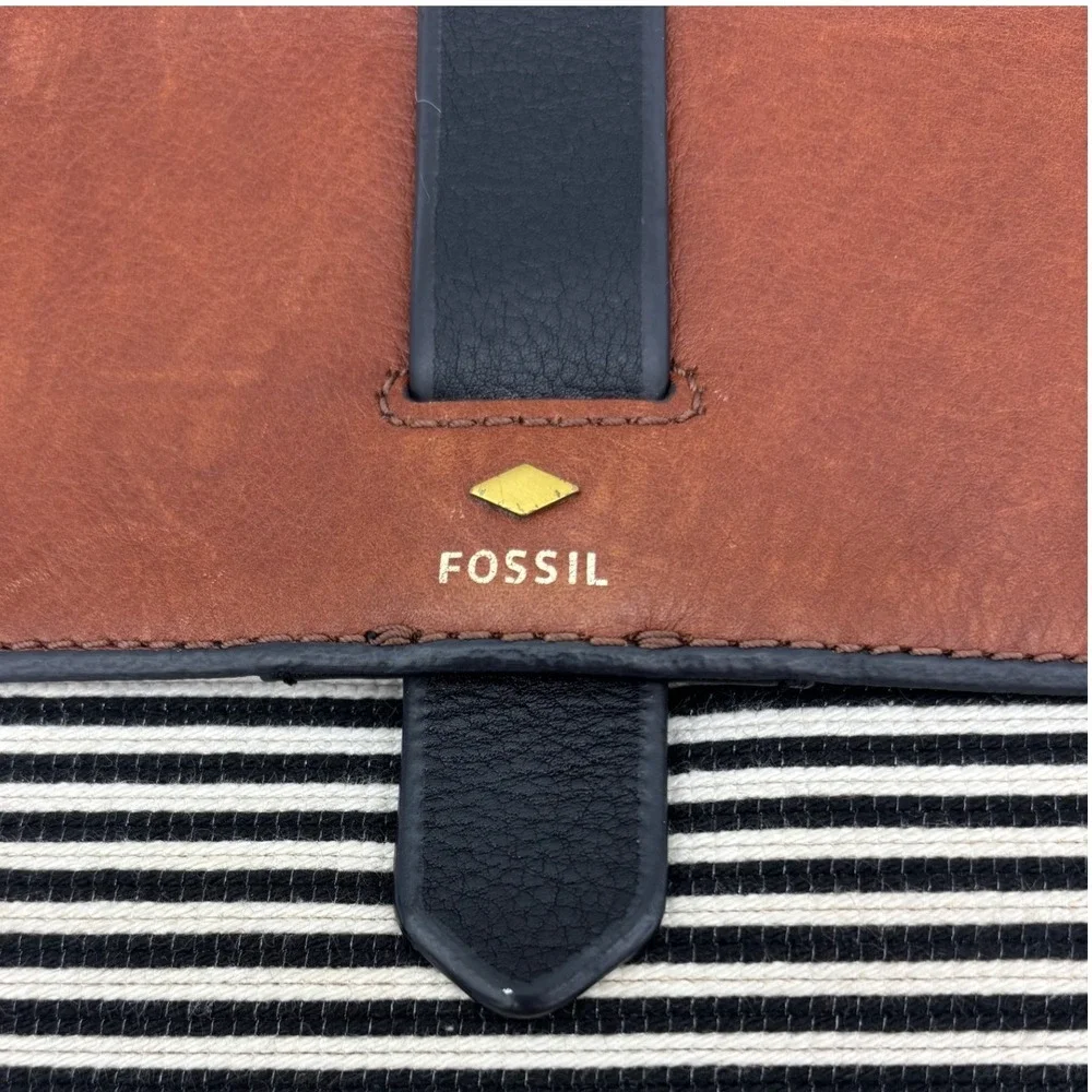 FOSSIL Striped Leather Crossbody Handbag Bag Black Brown‎ Gold Brass Prep Medium